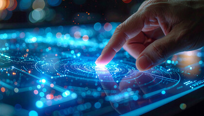 Interactive Touch: The finger touches a glowing screen, interacting with the technology of the future, with intricate data streams swirling around.