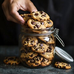 Hand reaching into a jar filled with chocolate chip cookies