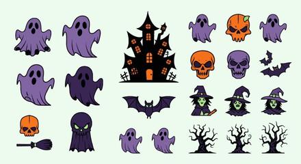 Spooky Icon Pack Vector. Includes essential Halloween elements like Haunted House, Skulls, and Bats. Clean flat style with thick lines. Great for mobile game design and kits.
