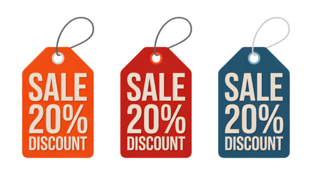 Exciting 20% off sale tags in multiple vibrant colors for promotions