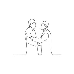 One continuous line drawing of handshake activity vector design illustration. Handshake theme design concept in simple linear continuous line. Great design vector for islamic pray purpose.