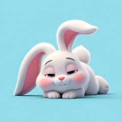 Adorable fluffy bunny with rosy cheeks resting peacefully on a calming blue background, perfect for Easter promotions or children's content
