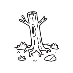  Simple Fallen Tree with Roots, Shrubs, and Rocks Line Art Design. 