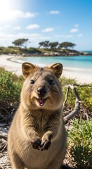 Quokkas Cheerful Beach Day - A Smiling Marsupial Portrait in Rottnest Island Paradise.