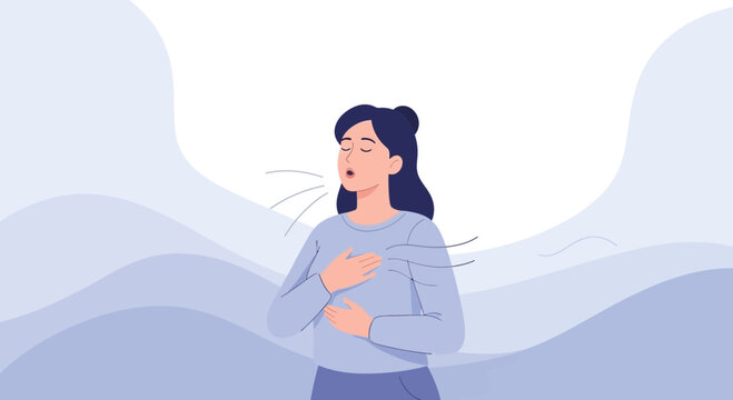 Illustration of a woman practicing deep breathing exercises for relaxation and stress relief