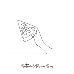 One continuous line drawing of National Pizza Day vector illustration. National Pizza Day theme design concept in simple linear continuous line. Great design for food campaign and business.