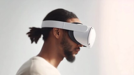 Young man with black hair wearing virtual reality headset exploring immersive digital world using advanced technology gadget side view focused expression immersive experience - Powered by Adobe