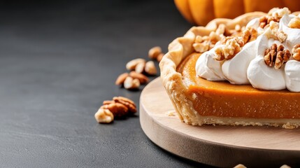 Close-up of Pumpkin Pie Slice with Whipped Cream and Walnuts on Wooden Board, Dark Background, Perfect for Autumn and Thanksgiving