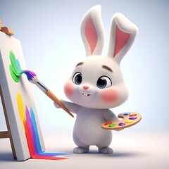 Adorable bunny painting a vibrant rainbow on canvas with a smile, perfect for spring celebrations, children's art projects, and playful Easter designs