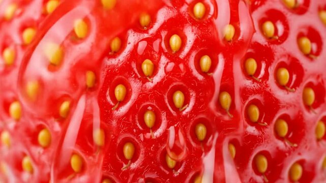 Extreme Macro Close Up Shot of a Ripe Red Strawberry Texture.