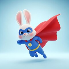 Adorable superhero bunny flying high with red cape, ready to save the day, perfect for children's projects or fun social media content