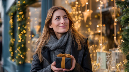 A woman living on the streets, holding a small Christmas gift, gazing at the lights and decorations in a festive window display. As a result of winter's 