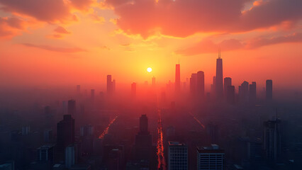 Dramatic Chicago skyline at sunrise shrouded in fog, showcasing urban beauty