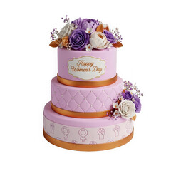 Three tier pink cake with purple flowers isolated on transparent background