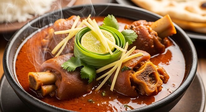 Delicious Pakistani dish - Paye with lemon and ginger garnish.