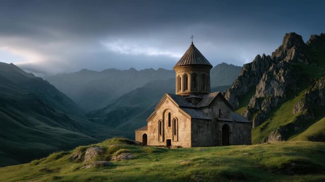 Ancient stone church with conical dome and roof stands peacefully grassy hill surrounded by dramatic mountain landscape moody sky, showcasing serene nature, architecture, building, and grass hill