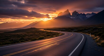 Scenic Road to Grand Teton Mountains at Sunset.