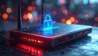 Cybersecurity Gateway: A network router, the digital gateway to a secured online environment, emits an illuminated padlock symbol.