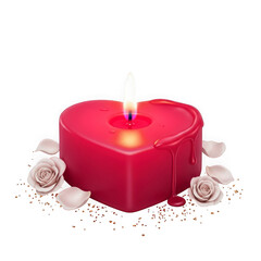 Red heart shaped candle burning with roses isolated on transparent background