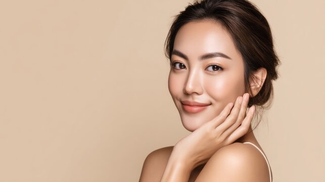 A woman with a beautiful face is smiling and showing her cheek