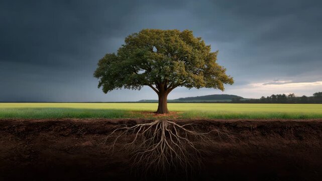 Large tree with extensive root system underground in green field under dark cloudy sky, symbolizing nature strength, growth, and connection to soil in dramatic landscape with storm clouds