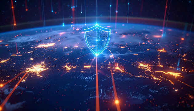 Digital Shield: Conceptual artwork, a glowing digital shield symbolizes network security, protecting the globe, with vibrant data streams in a captivating display.