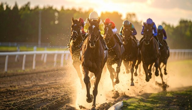 プロの競馬場で全速力で走る複数の競走馬、カラフルな勝負服を着た騎手たち