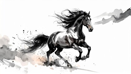 Obraz premium 水墨画風_勢いよく駆ける馬