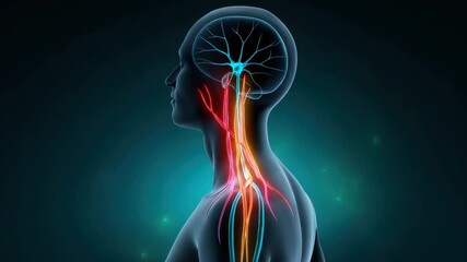 Human nervous system brain spinal cord nerve anatomy medical illustration glowing side view neural network digital art silhouette showing neural pathways connectivity blue red orange colors side - Powered by Adobe