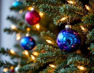 Festive Evergreen Tree with Decorative Ornaments and Warm Lighting