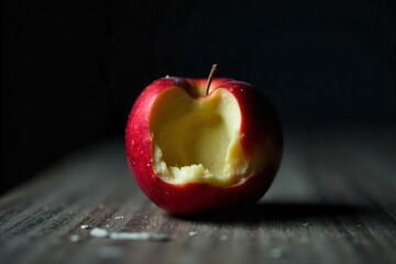 A forgotten, half eaten apple in a dimly lit room, symbolizing past hunger and present neglect. A partially eaten red apple resting on a dusty, dark wooden surface. The lighting is dim and moody, with