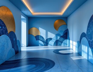 Monochromatic Blue Lounge with Abstract Wall Patterns