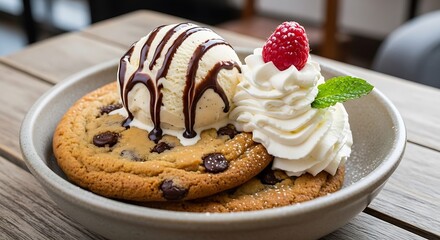 Delicious Cookie Sundae with Ice Cream, Whipped Cream, and Raspberry.