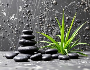 Stacked Stones with Green Plants Textured Background