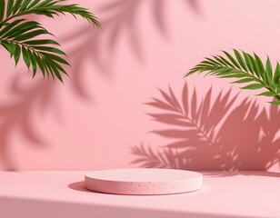Serene Pink Platform with Leaf Shadows and Soft Lighting