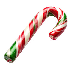 Fototapeta premium Sweet, swirled candy cane with red, green, and white stripes on black background