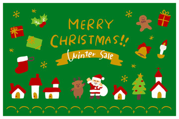 かわいい手描き風のクリスマス冬セールバナーイラスト、サンタクロースとトナカイ、プレゼントやツリーが並ぶ温かいデザイン