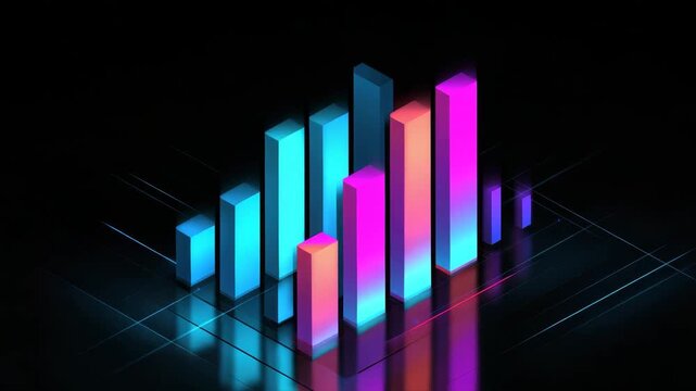 Colorful 3D bar chart glowing neon blue pink digital data visualization futuristic design with light reflections modern glowing bar chart neon blue pink digital data visualization - Powered by Adobe
