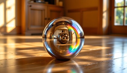 Mirrored Sphere Wooden Floor with Rainbow Reflection