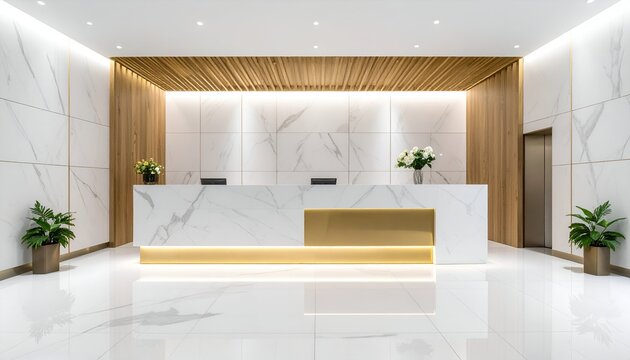 Modern reception area with marble and wood design, featuring potted plants and elegant lighting