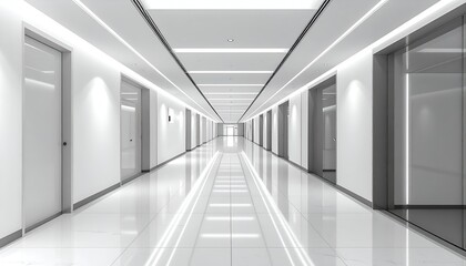 Obraz premium Modern corridor in a sleek building with reflective floors, bright lighting, and minimalist design