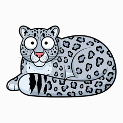 Cartoon snow leopard, kid book illustration, isolated on white background.