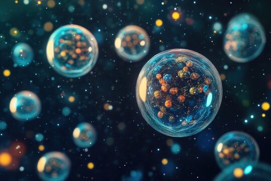 Colorful microscopic cells floating in a dark, cosmic background filled with shimmering lights