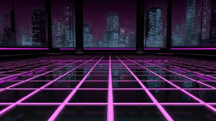 Neon grid floor with glowing pink lines in futuristic city skyline at night featuring illuminated skyscrapers and vibrant cyberpunk atmosphere with reflective surfaces and dark purple sky - Powered by Adobe