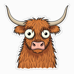 Cartoon highland cow, kid book illustration, isolated on white background.