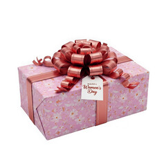 Pink gift box with large gold bow isolated on transparent background