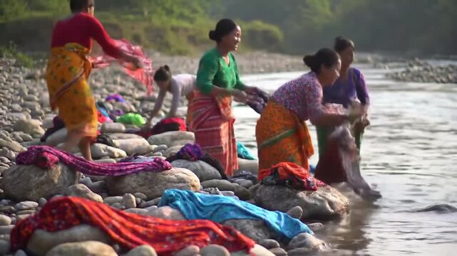 Women Washing Clothes in River, Traditional Lifestyle.