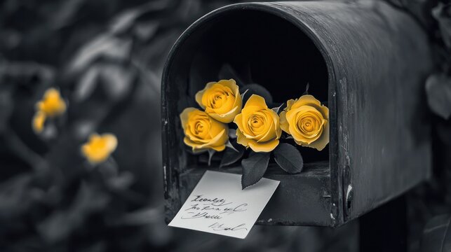 Yellow roses in mailbox, letter, garden background; sympathy card