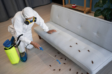 Pest control Exterminator in workwear and respirator mask spraying pesticide in sprayer bottle on...
