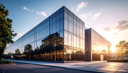 Obraz premium Modern glass building reflecting sunset with trees and clear sky, showcasing architectural design